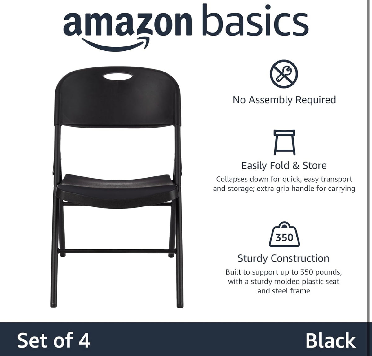 Amazon Basics Folding Plastic Chair, 350Pound Capacity, Black, 4Pack