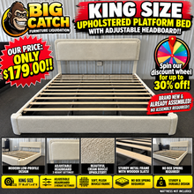 KING SIZE CREAM BOUCLÉ UPHOLSTERED PLATFORM BED WITH ADJUSTABLE HEADBOARD!! (BRAND NEW &amp; ASSEMBLED!) 🔥