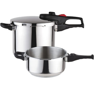 Magefesa® Practika Plus Super Fast pressure cooker, 4.2 and 6.3 Quart, 18/10 stainless steel, suitable induction, excellent heat distribution, encapsulated heat diffuser bottom, 5 safety systems! (USED ONCE - LIKE NEW)