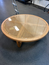 Beautiful Rattan & Glass Coffee Table with Solid Wood Frame by Drew Barrymore, Warm Honey Finish! (NEW & ASSEMBLED - HOLE IN TABLE TOP!!