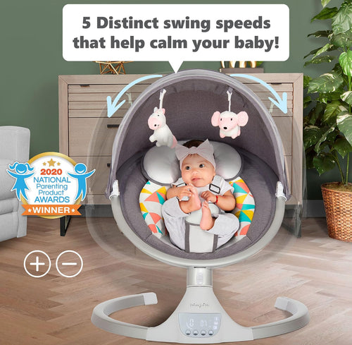 Dream On Me Zazu Baby Swing, Baby Swing for Infant, 5- Swinging Speed, Two Attached Toys, Bluetooth Enabled and Remote Control, Grey and Pink