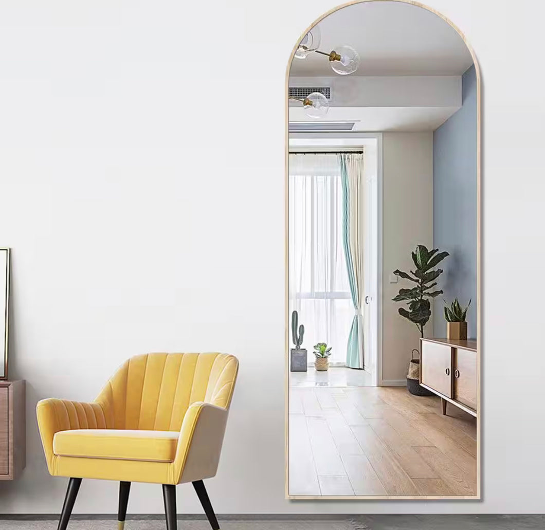 65 in. x 22 in. Modern Arched Shape Framed Burlywood Standing Mirror Full Length Floor Mirror- NEW IN BOX!!!