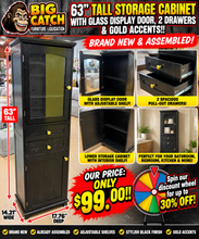 BEAUTIFUL 63” TALL BLACK STORAGE CABINET WITH GLASS DISPLAY DOOR, 2 DRAWERS & GOLD ACCENTS!! (BRAND NEW & ASSEMBLED!) 🔥