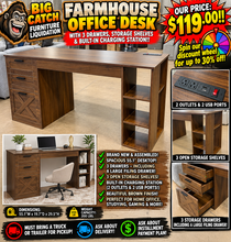 FARMHOUSE OFFICE DESK WITH 3 DRAWERS, STORAGE SHELVES & BUILT-IN CHARGING STATION!! 🔥 (NEW & ASSEMBLED!)