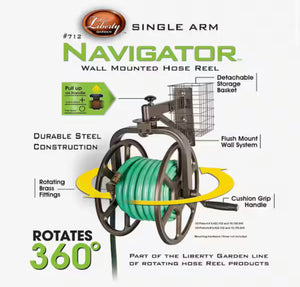 Liberty Garden Single Arm Navigator Rotating Garden Hose Reel with Storage Basket, Bronze!! NEW IN BOX!!