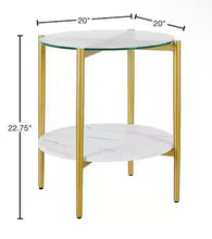 Otto 20 in. Gold Round Glass Side Table with Faux Marble Shelf