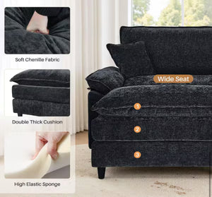 Oversized Black Chenille Soft Single Sofa Arm Chair with Ottoman and 1-Small Pillow for Bedroom and Living room! (NEW VACUUM SEALED IN BOX)
