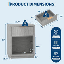 Grey Fluted Nightstand with Charging Station ¨C 2-Tier Bedside Table with Drawer & Storage Shelf for Bedroom/Home Office