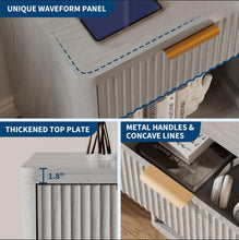 Grey Fluted Nightstand with Charging Station ¨C 2-Tier Bedside Table with Drawer & Storage Shelf for Bedroom/Home Office