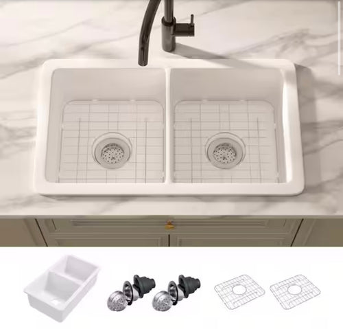 Eridanus Oslo 32 in. Drop-In/Undermount Double Bowl Fireclay Kitchen Sink in Crisp White with Botton Grid and Basket Strainer!! NEW IN BOX!!