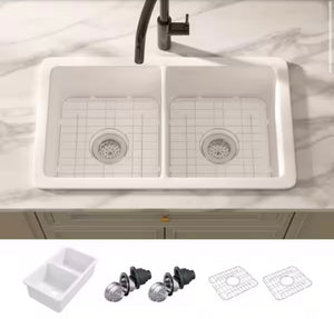 Eridanus Oslo 32 in. Drop-In/Undermount Double Bowl Fireclay Kitchen Sink in Crisp White with Botton Grid and Basket Strainer!! NEW IN BOX!!