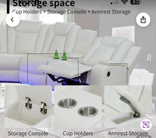 3-Pieces 210" Breathing Leather Power Reclining Theater Sectional with Wireless Chargers and LED Lighting- new - cream color