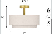 3 Light Semi Flush Mount Light, Close to Ceiling Light Fixture with Fabric Shade Retro Gold Brass 16 inch Semi Flush Drum Light for Bedroom & Living Room - WE DO NOT SHIP!!