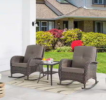 Pocassy 3-Piece Brown Wicker Patio Conversation Set with Gray Cushions and Coffee Table Flat Handrail Rocking Chairs!! NEW IN BOX!!