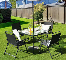 Room Essentials 6-Piece Metal Outdoor Dining Set and Umbrella, Black! (NEW IN BOX)