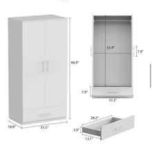 White 2-Door Wardrobe Armoire with 1-Drawers and Hanging Rod 66.9 in. H x 31.5 in. W x 18.9 in. D- new in box