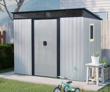 8 ft. W x 6ft. D Metal Outdoor Shed with Single Pitched Roof and Double Door and Window (48 sq. ft. ) in White and Black! (NEW IN BOX)
