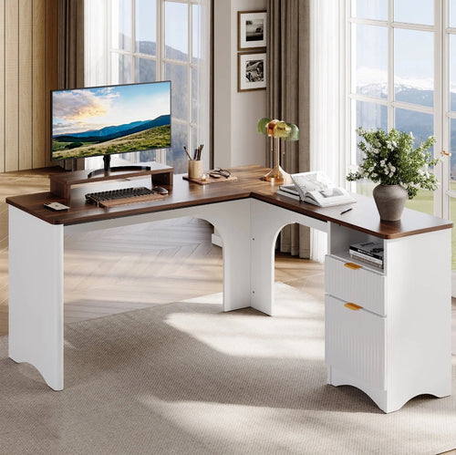 Bestier L Shaped Desk with Drawers, 55.7
