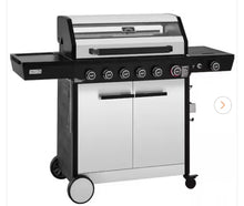 6 Burner Propane Gas Grill with Side Burner, Glass Viewing Window, Stainless Steel Cabinet Doors, Silver & Black- new in box