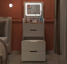3-Drawer White Wood Makeup Vanity Set Dresser Table with Flip-Top Mirror, See-Through Glass Top, Lights, Stool! (NEW IN BOX)