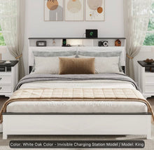 Wooden King Size Bed Frame with Storage Headboard, Farmhouse Platform Bed Frame with LED Lights and Charging Station, White! (NEW IN BOX)