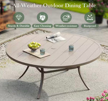 CLEARANCE SALE!  10- Piece Metal Outdoor Dining Set with 60 in. Sandshell Round Table, 8 Sandshell Swivel Dining Chairs for 8 Person and umbrella - new / assembled!