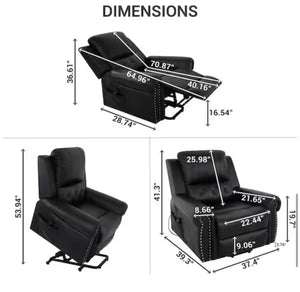Black Studded Air Leather Power Lift Reclining Chair with Massage, Recliner Chair with Remote and Footrest! (NEW)