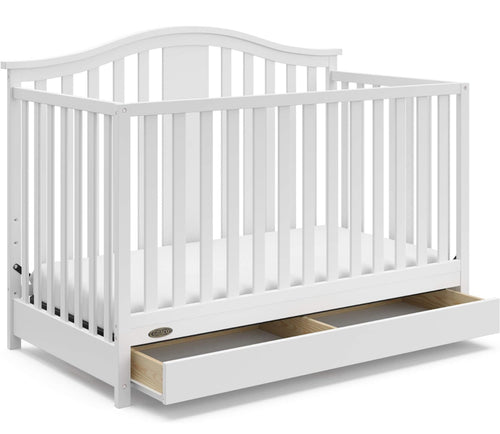 Graco Solano 4-in-1 Convertible Crib with Drawer Combo (White) – GREENGUARD Gold Certified, Includes Full-Size Nursery Storage Drawer, Converts to Toddler Bed and Full-Size Bed**New and assembled, minor chips from shipping**