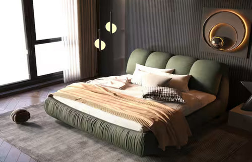 High End Green Wood Frame Queen Upholstered Platform Bed with Oversize Headboard, Thickened Slats, Pleating Bed Body! (NEW IN BOX’S)
