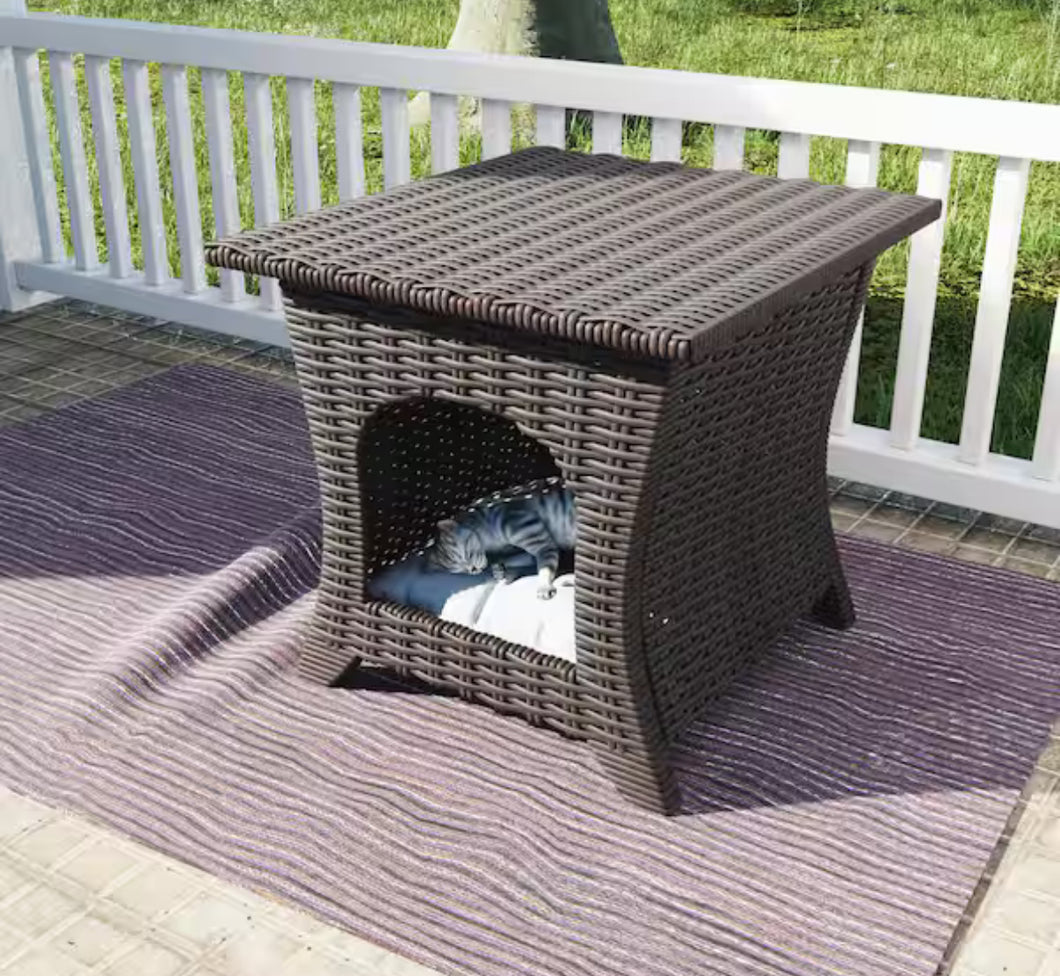 Brown Wicker Outdoor End Table Pet Side Table with Storage!! NEW IN BOX!!