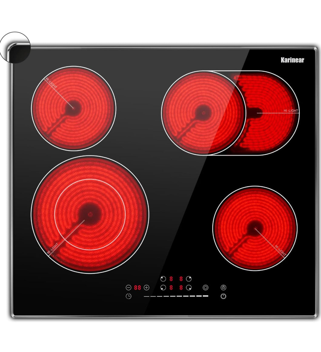 Karinear 4 Burners Electric Cooktop 24 Inch, 220-240v Built-in Electric Ceramic Cooktop with Glass Protection Metal Frame, Expandable Burners, Slider-Touch Control, Multi-function Elecric Stovetop!