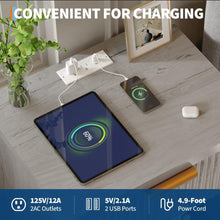 Grey Fluted Nightstand with Charging Station ¨C 2-Tier Bedside Table with Drawer & Storage Shelf for Bedroom/Home Office