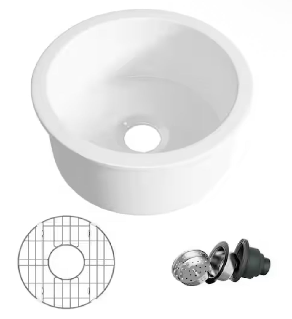 Eridanus Oslo 18.5 in. Drop-In/Undermount Round Single Bowl in White Fireclay Kitchen Sink with Bottom Grid and Basket Strainer!! NEW IN BOX!!