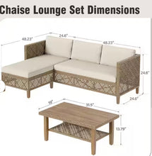 Brown 3-Piece Wood Outdoor Wicker Patio Conversation Sectional Seating Set with Beige Cushions! (NEW & ASSEMBLED)