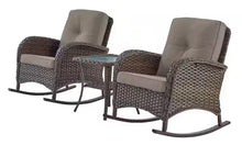 Pocassy 3-Piece Brown Wicker Patio Conversation Set with Gray Cushions and Coffee Table Flat Handrail Rocking Chairs!! NEW IN BOX!!