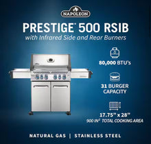 (NATURAL GAS!!) - Napoleon Prestige 500 4-Burner Natural Gas Grill in Stainless Steel with Infrared Side and Rear Burners and Rotisserie Kit! (NEW IN BOX)