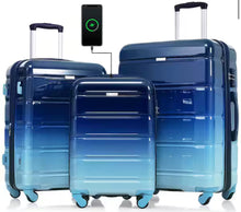 Merax 3-Piece Gradient Blue 20 in. 24 in. 28 in. ABS and PC Hardshell Spinner Luggage Set with TSA Lock, 20 in. with USB Port! (NEW - WRAPPED IN PLASTIC - MINOR SCRATCH ON 28”)