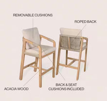 Porto Modern Coastal Tub Roped Acacia Wood Outdoor Bar Stool and Armrests, Beige/Light Teak with Cushions (Set of 2)- new in box