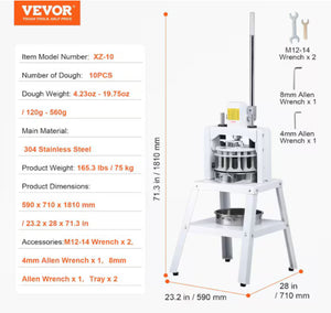 Dough Divider Round 10-Piecs Manual Dough Equal Divider Machine 4.23 oz. 19.75 oz. HandPress Dough Cutter Stainless Steel!! NEW AND ASSEMBLED (EXTREMELY HEAVY)!!