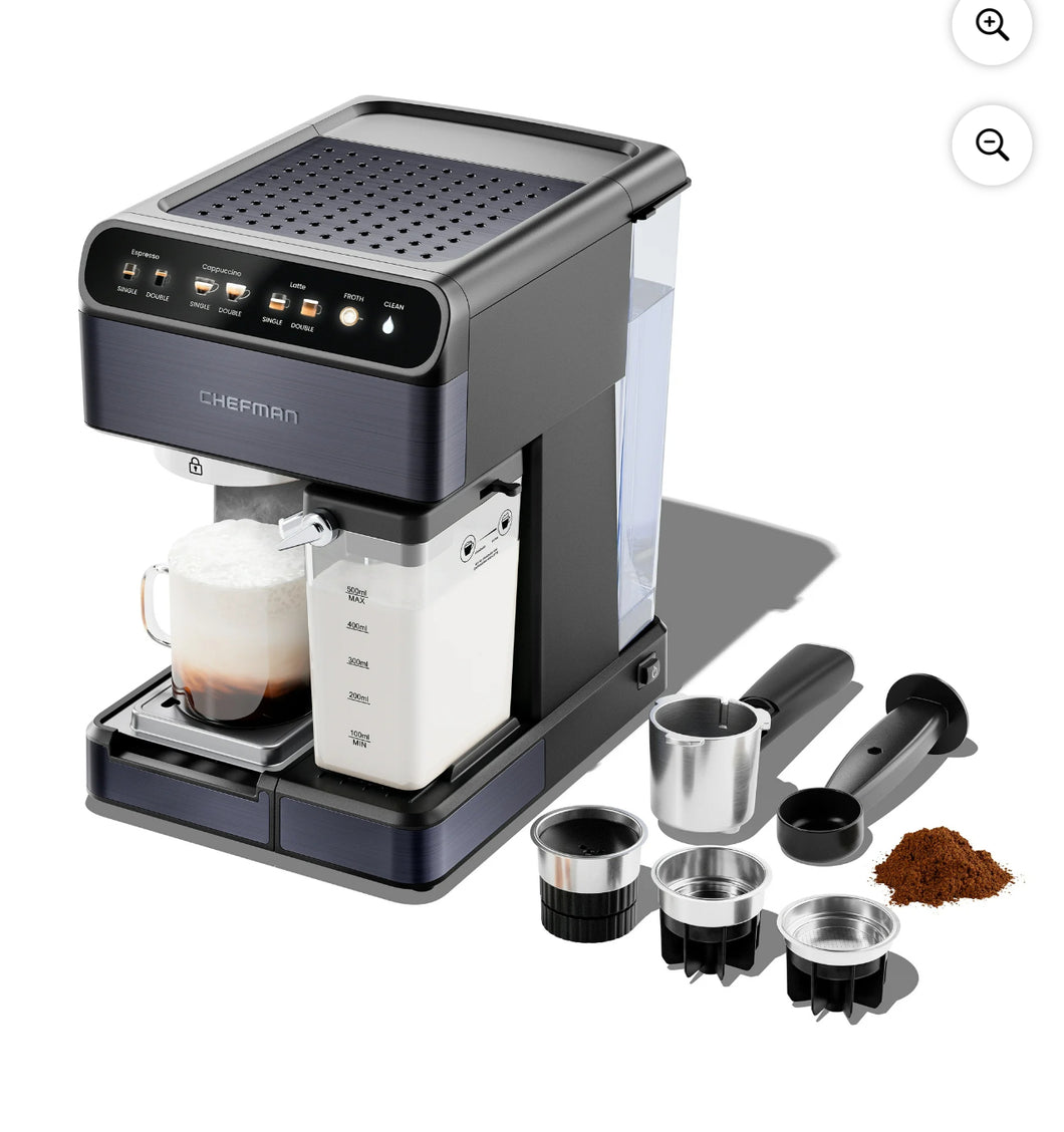 Chefman 20-Bar, 2-Cup Black Stainless Espresso Machine- new in box