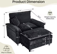 Oversized Black Chenille Soft Single Sofa Arm Chair with Ottoman and 1-Small Pillow for Bedroom and Living room! (NEW VACUUM SEALED IN BOX)