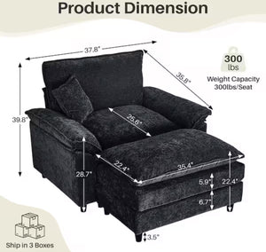 Oversized Black Chenille Soft Single Sofa Arm Chair with Ottoman and 1-Small Pillow for Bedroom and Living room! (NEW VACUUM SEALED IN BOX)