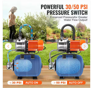 SKYSHALO
1.6 HP Shallow Well Pump, 1320 GPH, 5-Gal. Pressure Tank, 30/50 PSI Switch, Stainless Steel for Irrigation- new!