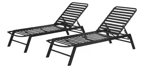 Black Adjustable Outdoor Strap Chaise Lounge with Aluminum Frame (2-Pack)! (NEW IN BOX)