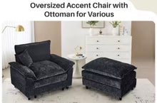 Oversized Black Chenille Soft Single Sofa Arm Chair with Ottoman and 1-Small Pillow for Bedroom and Living room! (NEW VACUUM SEALED IN BOX)