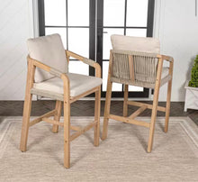 Porto Modern Coastal Tub Roped Acacia Wood Outdoor Bar Stool and Armrests, Beige/Light Teak with Cushions (Set of 2)- new in box