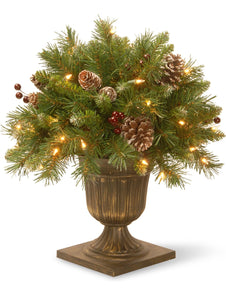National Tree 18 Inch Frosted Berry Porch Bush with Red Berries, Cones and 50 Clear Lights in Dark Bronze Urn- NEW OUT OF BOX!!!
