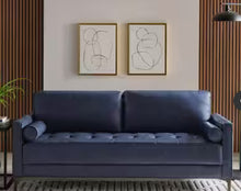 Goodwin 75.6 in. Mid-Century Modern Square Arm Faux Leather Sofa in Navy Blue! (NEW IN BOX)