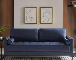 Goodwin 75.6 in. Mid-Century Modern Square Arm Faux Leather Sofa in Navy Blue! (NEW IN BOX)