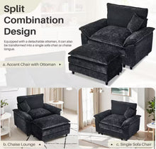 Oversized Black Chenille Soft Single Sofa Arm Chair with Ottoman and 1-Small Pillow for Bedroom and Living room! (NEW VACUUM SEALED IN BOX)